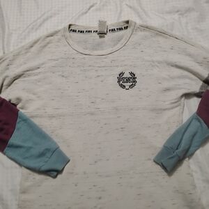 Victoria's Secret PINK White Marled Sweatshirt with Teal and Plum Sleeves